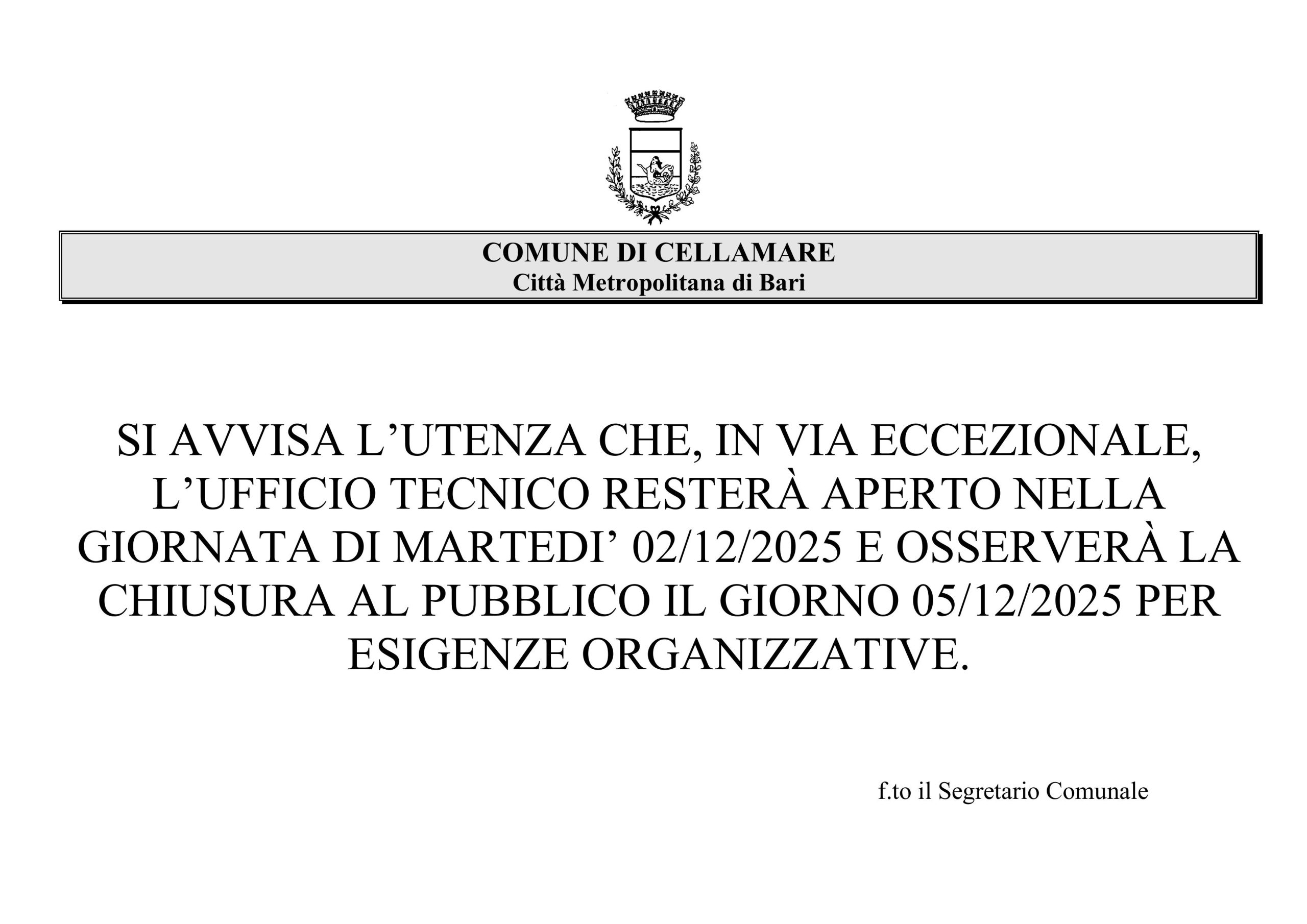 AVVISO VARIAZIONE ORARI DI APERTURA UFFICIO TECNICO